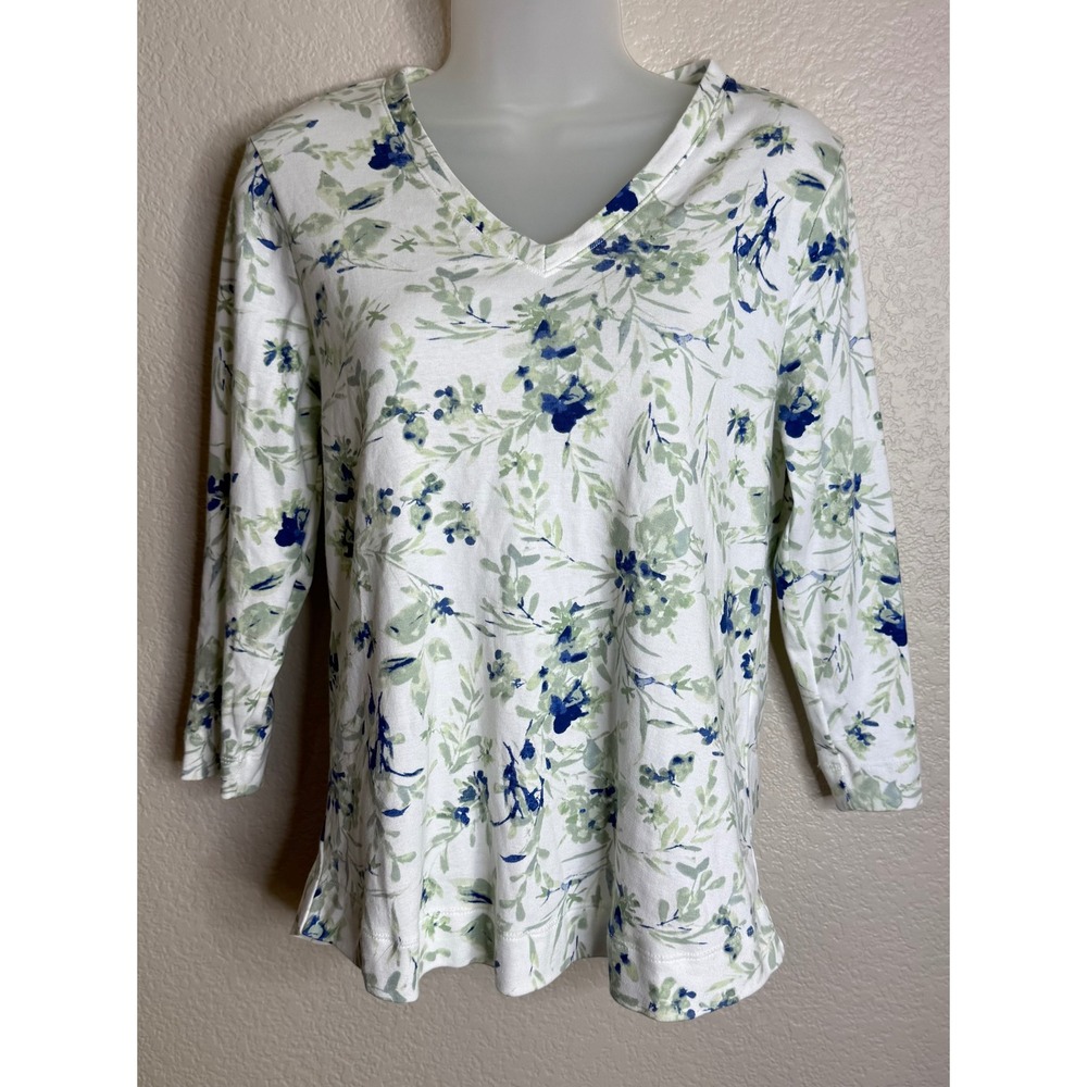 Chicos 0 US Small Top White Blue Green Floral Pima Cotton 3/4 Sleeve V Neck
